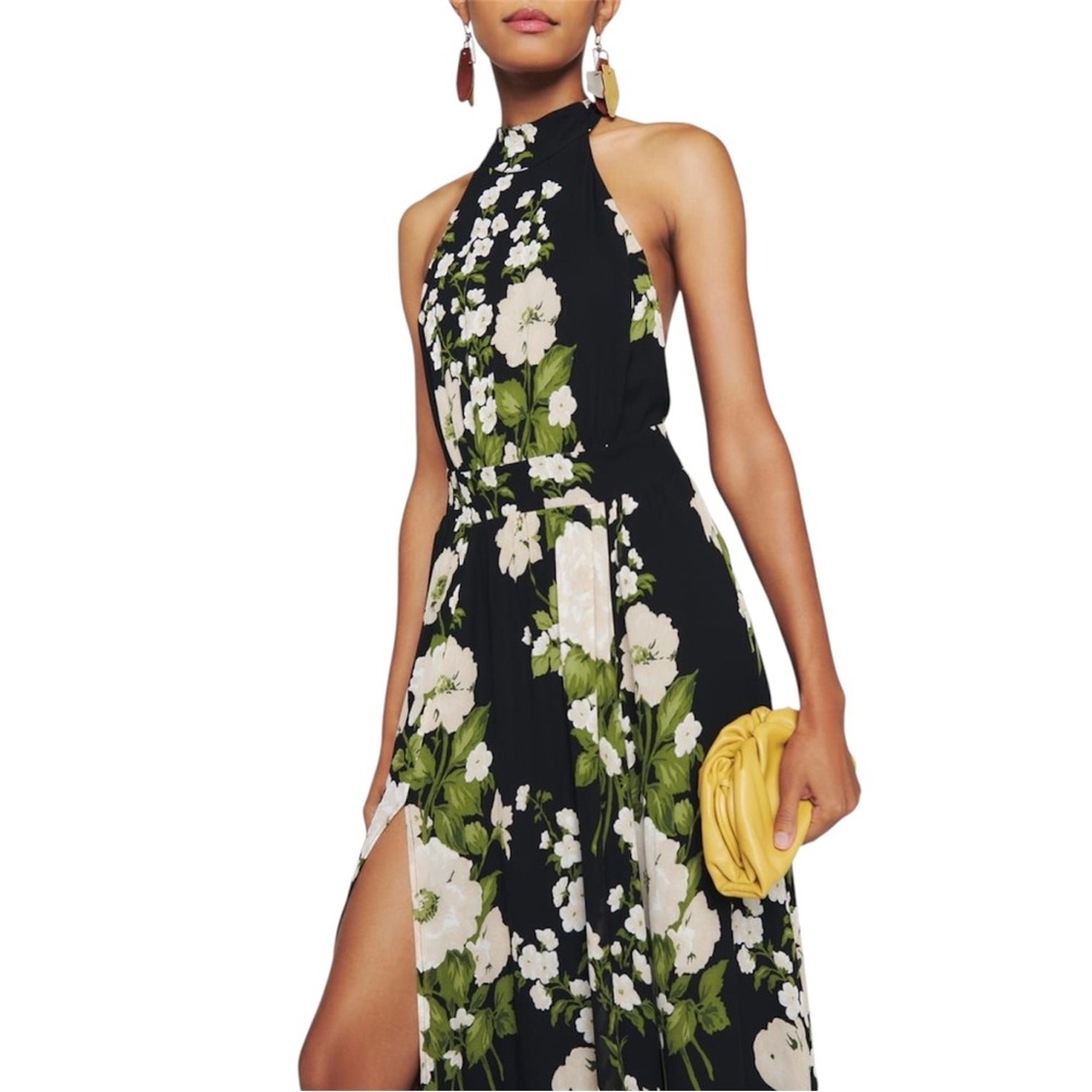 Reformation Andee Floral Halter Maxi Dress in Raven Open Back Slit Size 2 NWT - Picture 14 of 15